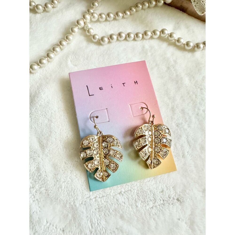 Leith gold palm leaf rhinestone dangle earrings